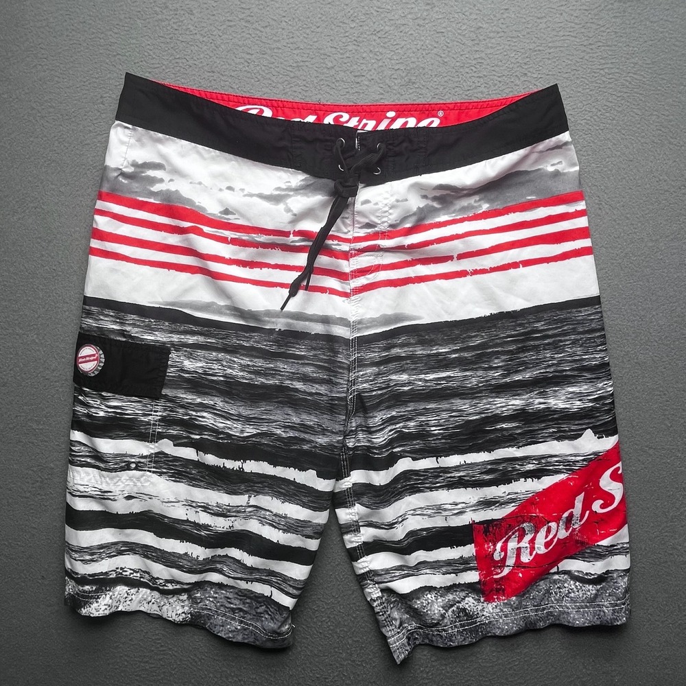 Red Stripe Men Board Shorts Polyester 36 Graphic Print Beach Surf Swim Trunks